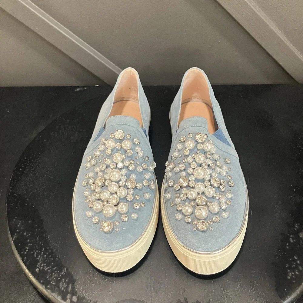 Stuart Weitzman Womens Sz 8.5 Blue Suede Pearl Rhinestone Embellished Slip On